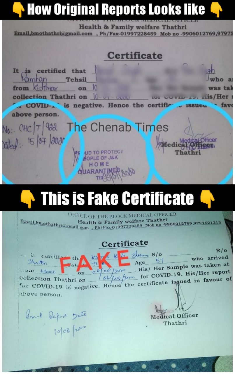 Fake Covid-19 negative certificate circulated on social media; BMO Thathri issues clarification