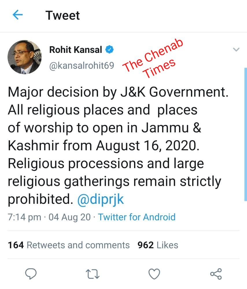 All worship places in Jammu and Kashmir to open on Aug 16