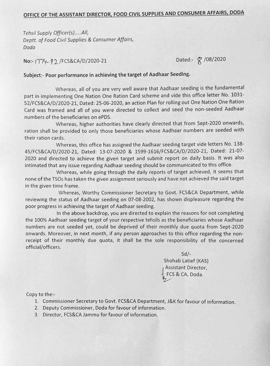 AD FSC&CA Doda seeks explanation for poor performance in Aadhaar seeding from TSOs