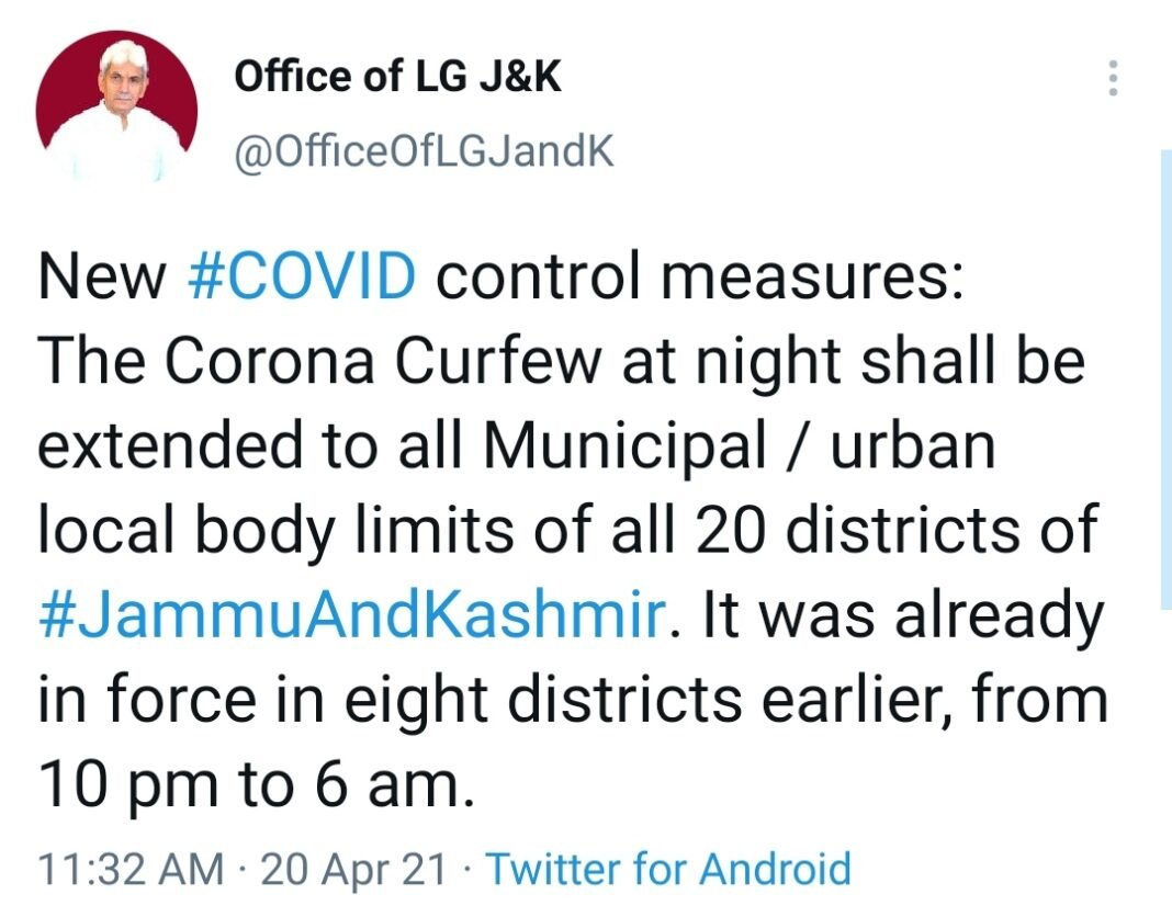 Night curfew extended to all districts of J&K, markets within municipal limits to open on alternate basis with 50 per cent capacity