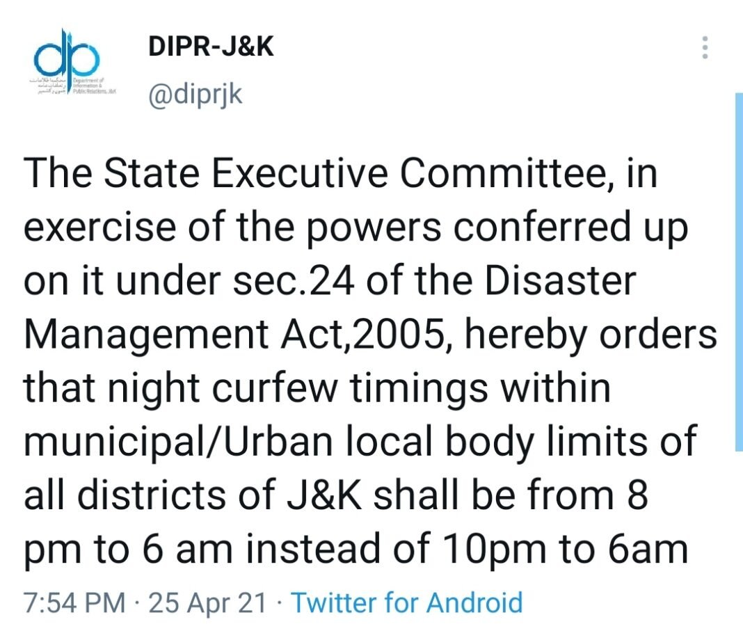 COVID-19: Night curfew timing extended by 2 hours from 8pm to 6am instead of 10pm to 6am, SEC orders closure of all paid public parks across J&K