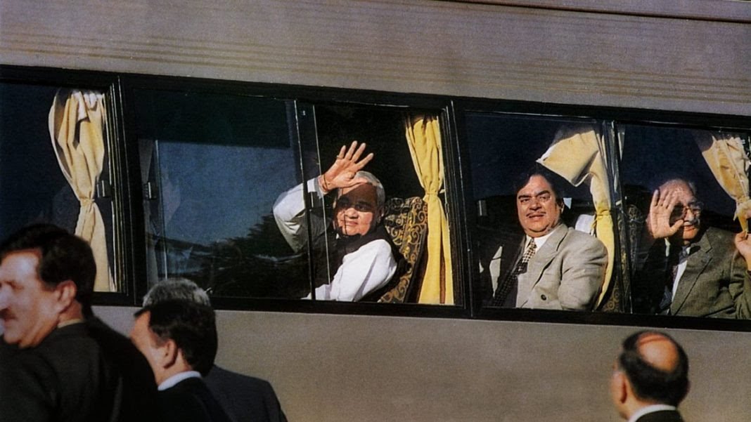 In this Feb 19, 1999, file photo former prime minister Atal Bihari Vajpayee waves from the maiden Delhi-Lahore bus service on his arrival at Lahore to attend a Summit in Pakistan