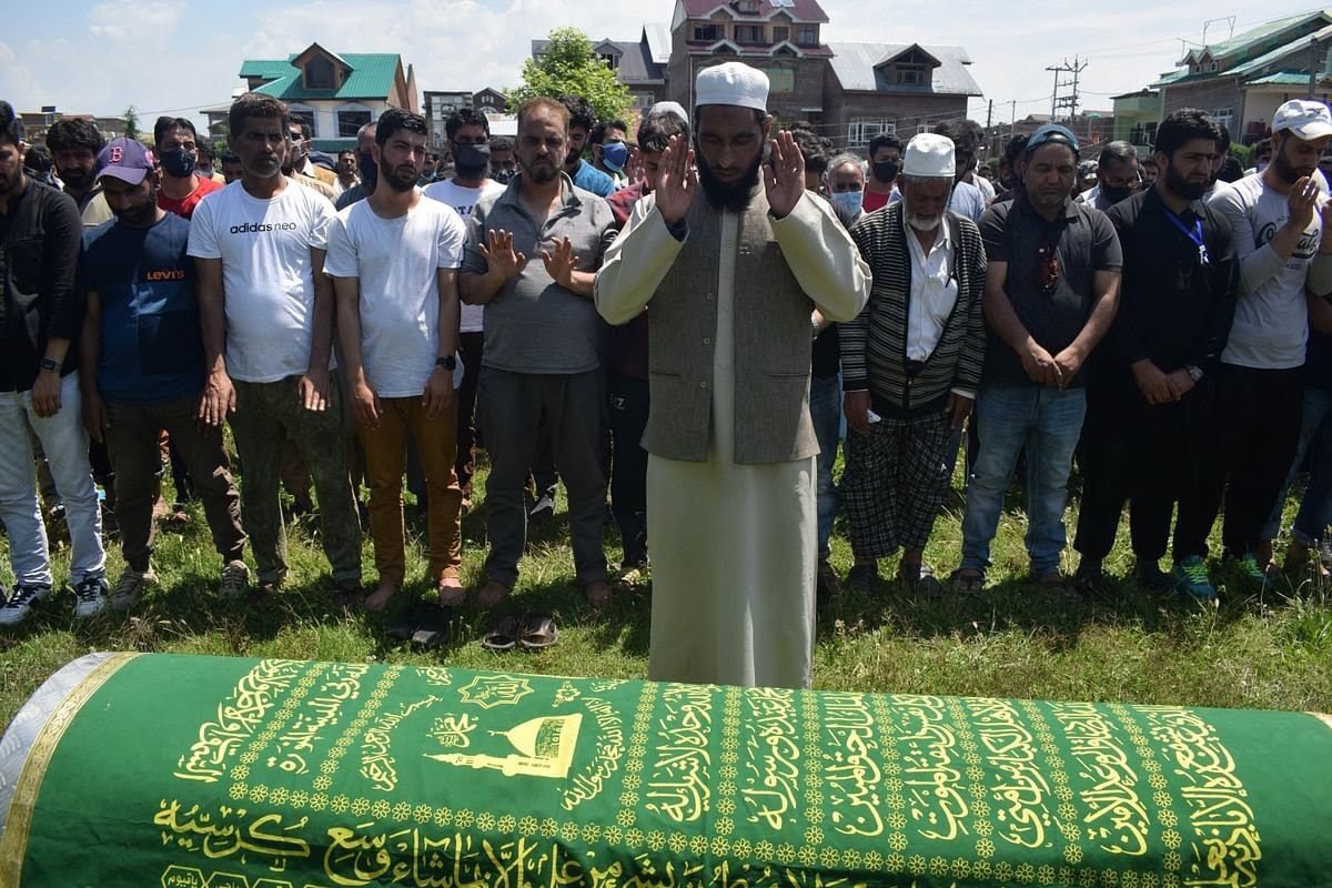 The funeral prayers of a 4-year-old girl who was mauled by a leopard are being held at Ompora Housing Colony on Friday, 4 June 2021. Aman Farooq for Greater Kashmir