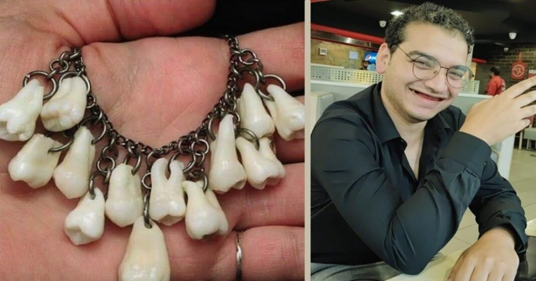 For assuring of loyalty to his girlfriend, this boy gifts necklace of his own teeth