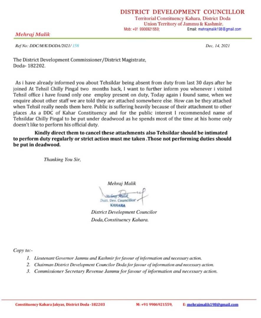 DDC Councilor recommends “Deadwood” for a Tehsildar in Doda district, alleges officer not performing duty