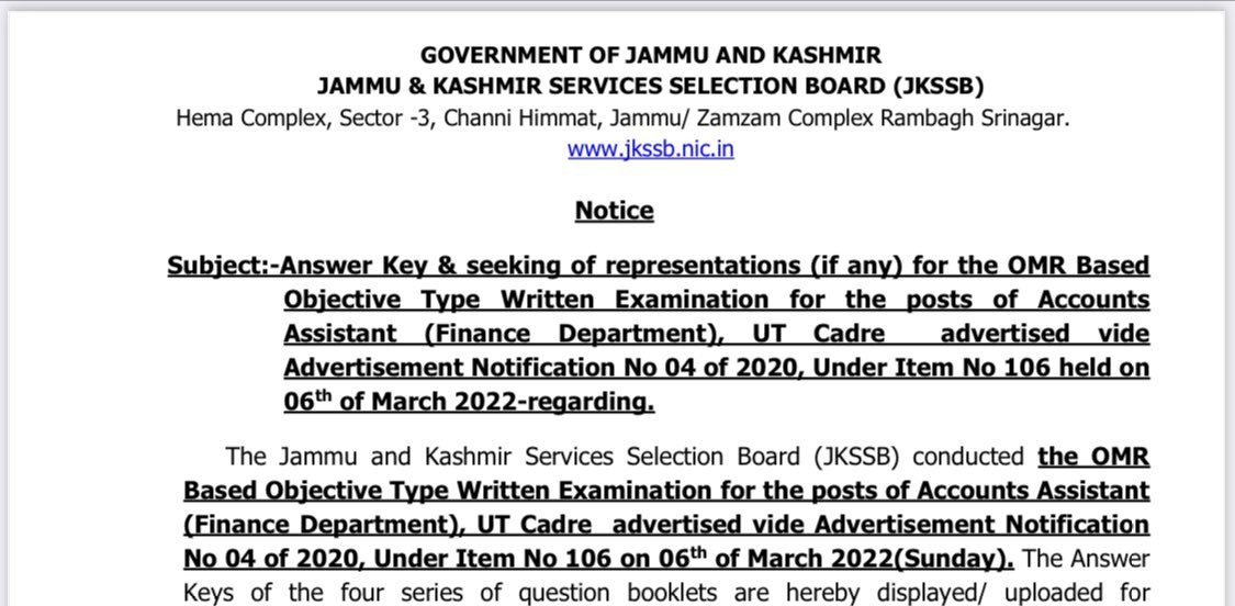 JKSSB Finance Accounts Assistant Answer Key 2022 Official, Download Here