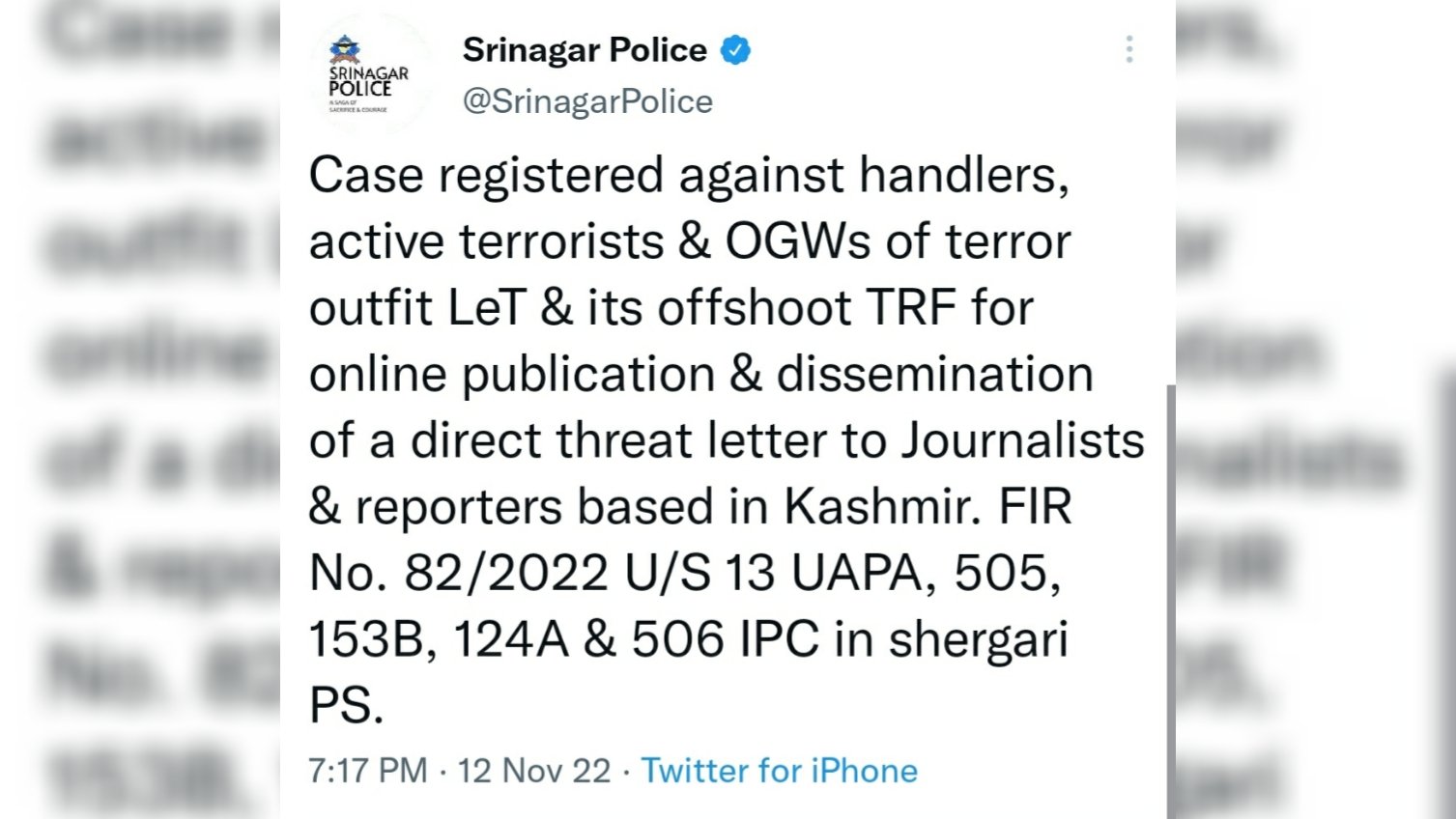 Case filed against LeT, TRF handlers for issuing threats to journalists in Kashmir: Police