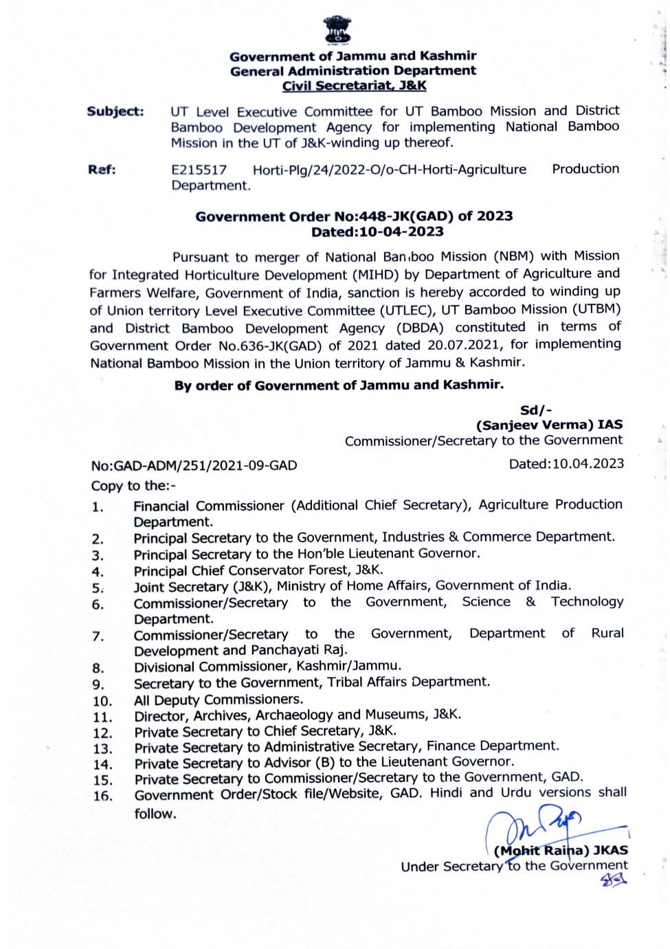 Jammu and Kashmir Government Orders Winding Up of UT-Level Executive Committee for National Bamboo Mission