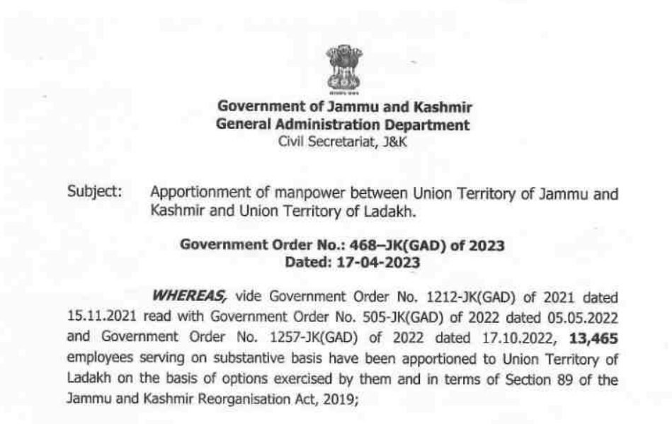 Apportionment Of Manpower Between Union Territory Of Jammu And Kashmir And Ladakh