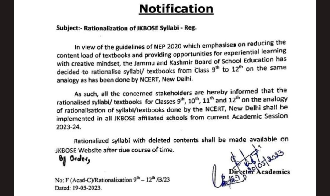 Controversy Looms as JKBOSE Announces Rationalization of Syllabi, Following in NCERT’s Footsteps