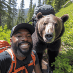 Picture of a bear wearing a hiking bag and taking selfies with tourists in Kashmir Valley - generated by an AI program called Midjourney.