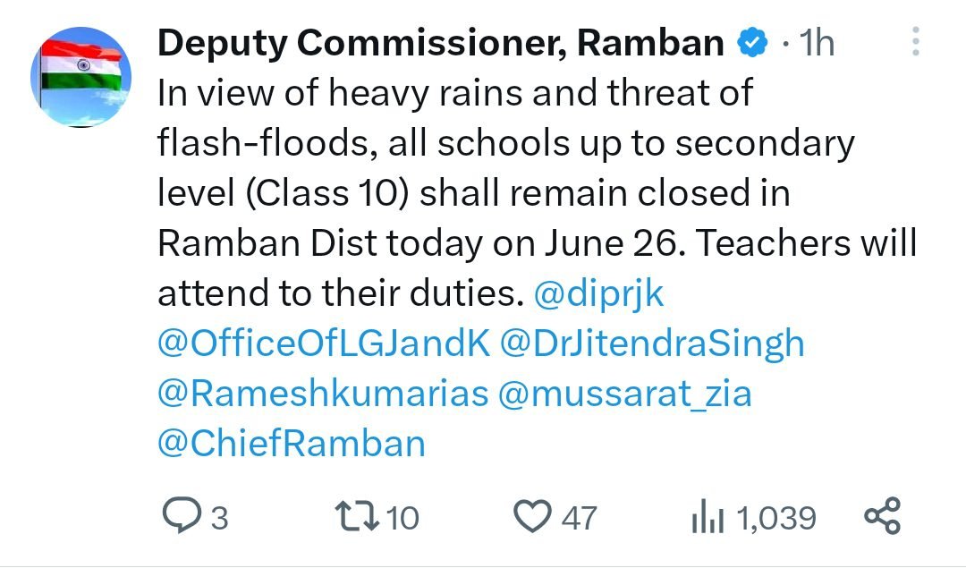 Heavy Rains and Flash Flood Threat Prompt Closure of Schools in Ramban District