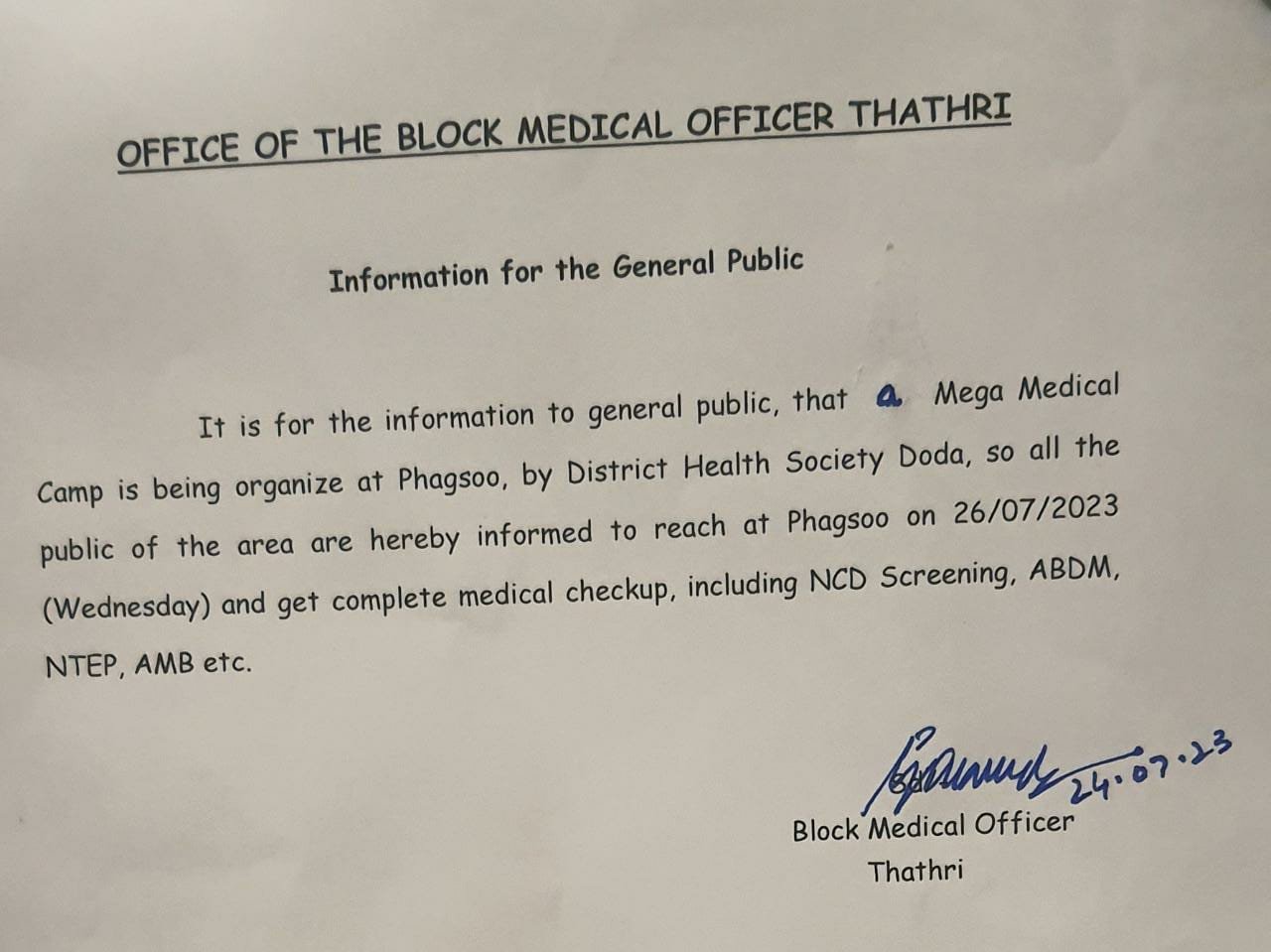 Mega Medical Camp on 26 July to Provide Healthcare Facilities at Doda’s Phagsoo (Thathri)