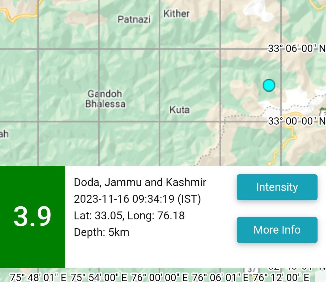 Earthquake Strikes Chenab Valley’s Doda District – NCS Reports 3.9 Magnitude