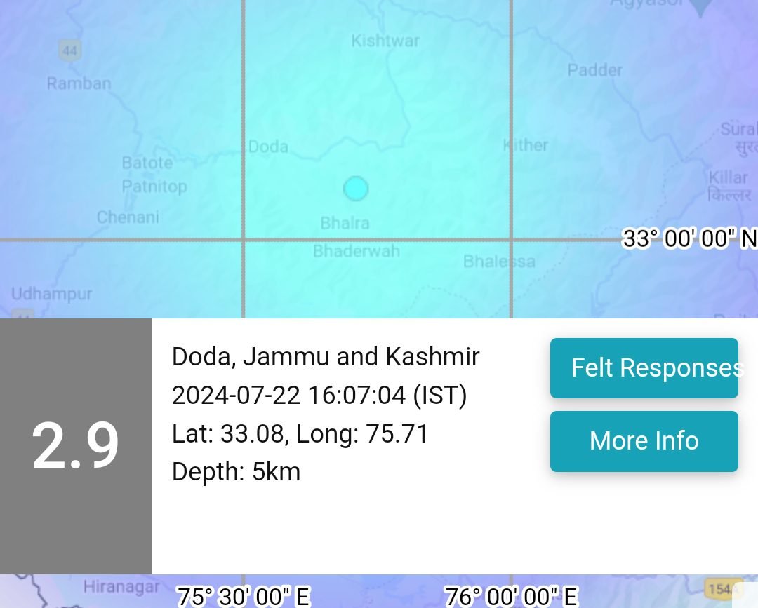 2.9 Magnitude Earthquake Jolts Doda District in Jammu and Kashmir