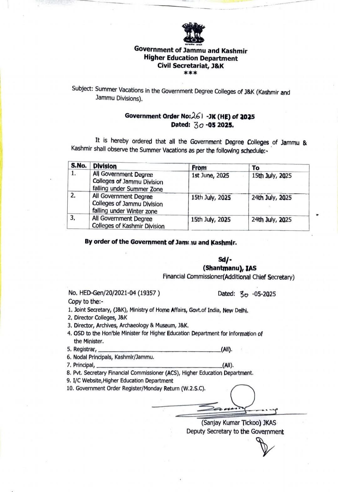 J&K Govt Announces Summer Vacations for Degree Colleges
