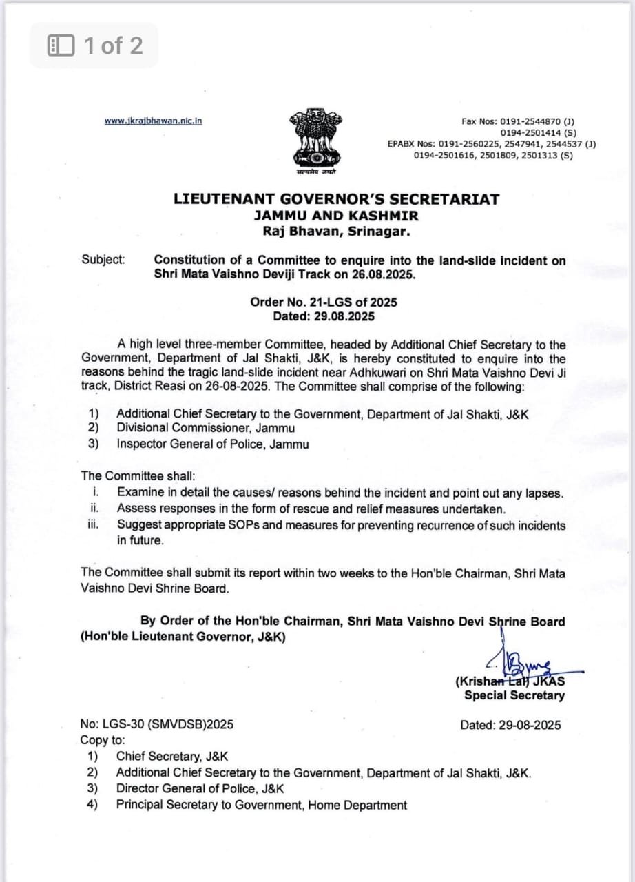 J&K LG Orders High-Level Enquiry into Vaishno Devi Landslide Tragedy