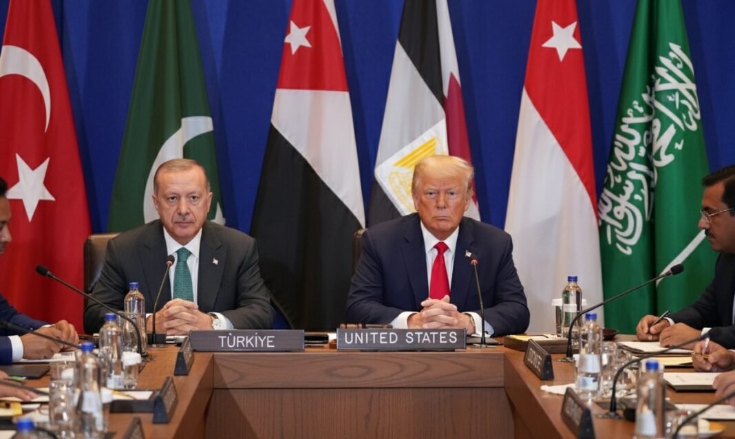 President Donald Trump attends a meeting with leaders of Qatar, Jordan, Turkey, Pakistan, Indonesia, Egypt, United Arab Emirates and Saudi Arabia, during the United Nations General Assembly in New York.