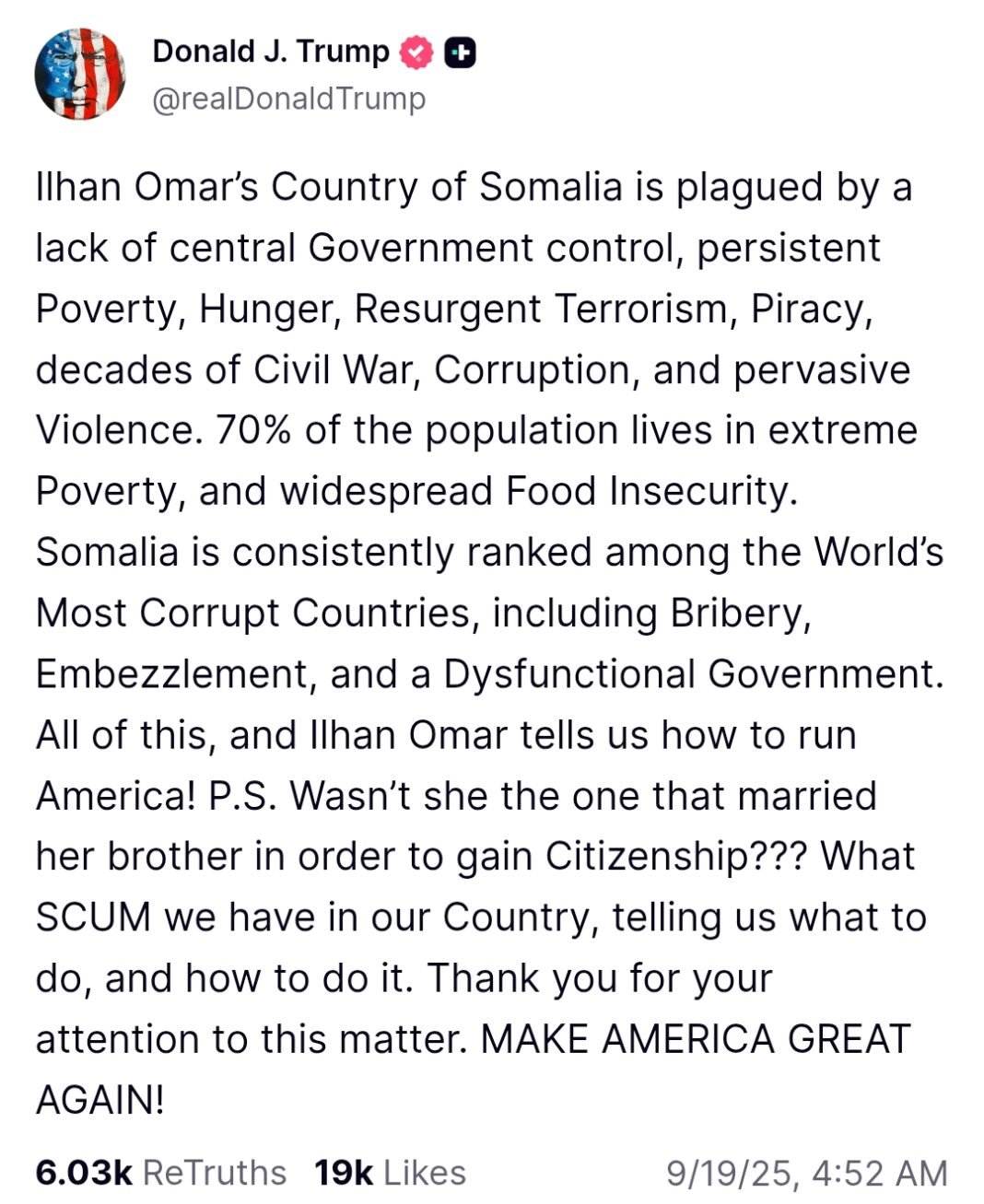 Trump Targets Ilhan Omar in Truth Social Post, Reviving Old Marriage Rumor