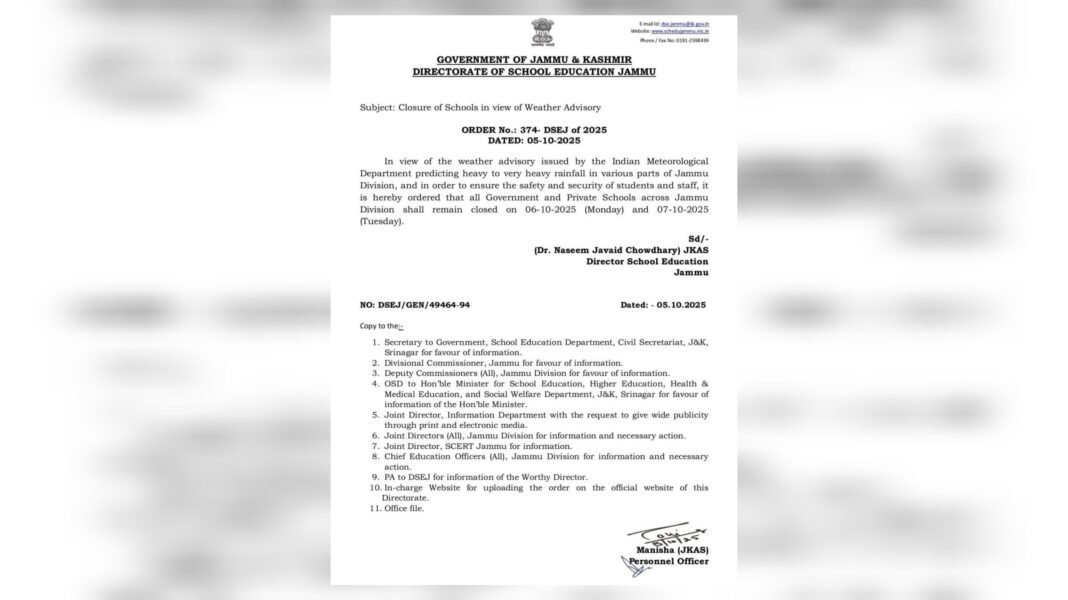 Schools in Jammu Division to Remain Closed on October 6 and 7 Due to Heavy Rainfall Forecast