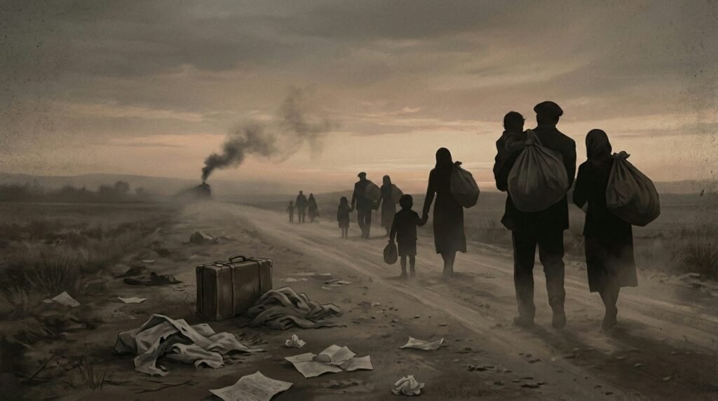 Under the somber haze of twilight, silhouettes of displaced families journey into the unknown, leaving behind scattered remnants of their past lives in the dust of 1947.