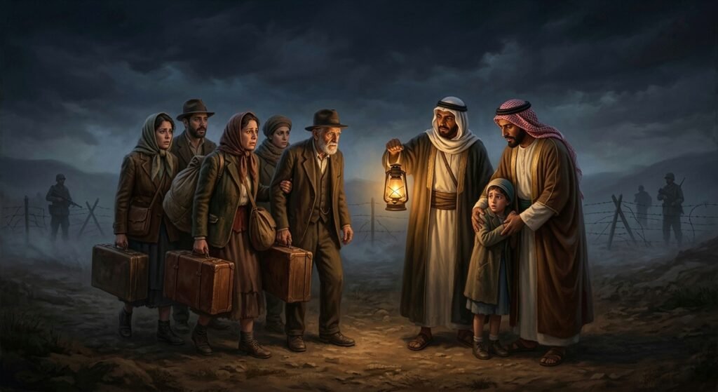 Middle Eastern guides meet weary European refugees at a dark night border fence.