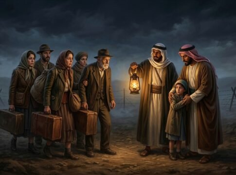 1001394407-01 Middle Eastern guides meet weary European refugees at a dark night border fence.
