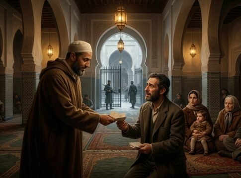 1001394579-01 A Muslim man provides identity papers to a Jewish refugee family in a mosque during World War II.