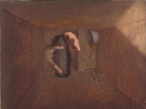 A Bomb Disposal Squad Digging Out an Unexploded Bomb image: a view looking directly down a hole at two bomb disposal workers standing either side of a large black bomb. A cable runs down the wall to …