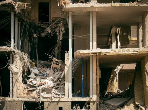 A demolished building in Kyiv, Ukraine, illustrating urban devastation and destruction.