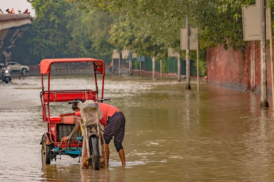 Delhi Approves 4.2-Kilometer Flood Protection Wall Along Ring Road A rickshaw navigates a flooded street in New Delhi, India, during the 2023 monsoon.