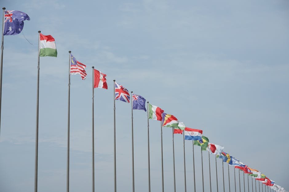 A row of international flags on flagpoles symbolizing global unity and diplomacy.
