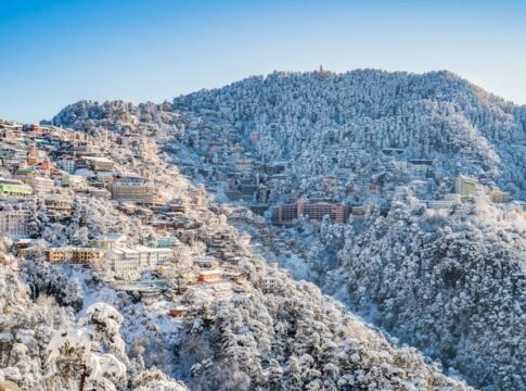 A scenic view of Shimla in winter, with snow-covered buildings and forests under a clear blue sky.
