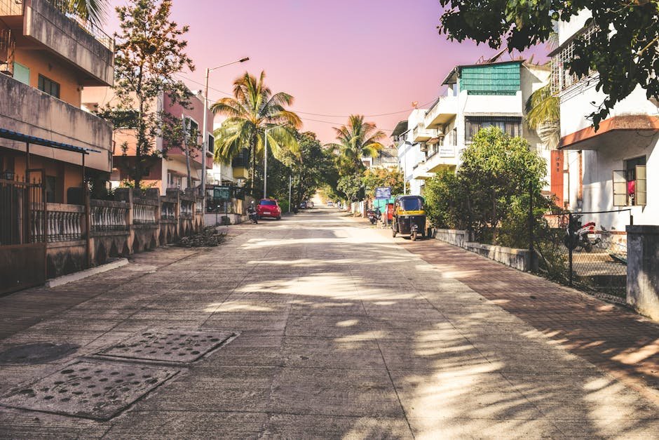 Pune’s Karve Road to Get Two New Flyovers to Alleviate Traffic Congestion A serene neighborhood street in Pune with palm trees and parked vehicles under a warm sky.