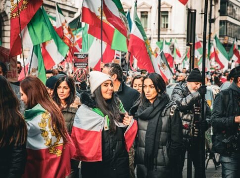 A vibrant street protest in London advocating for Iranian political change. A vibrant street protest in London advocating for Iranian political change.