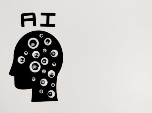 Abstract illustration of AI with silhouette head full of eyes, symbolizing observation and technology. Abstract illustration of AI with silhouette head full of eyes, symbolizing observation and technology.