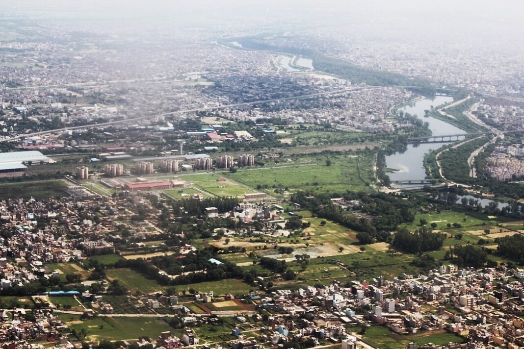 Delhi Deploys Trash Skimmer Machines to Combat Najafgarh Drain Pollution Aerial View Of Sahibi River also called Najafgarh Drain and Dwarka area