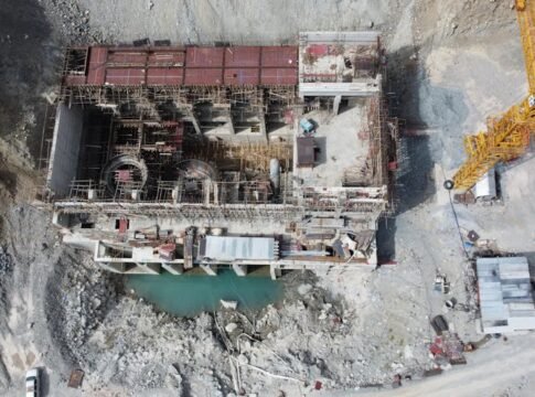 Aerial drone shot of an unfinished construction site in Kalam, Pakistan.