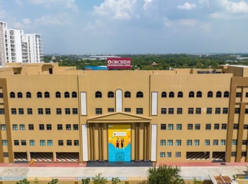 Aerial view of a modern educational building, Orchids The International School, in India. Aerial view of a modern educational building, Orchids The International School, in India.
