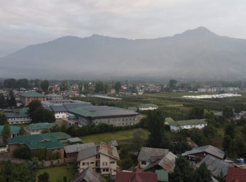 Beautiful aerial view of Srinagar cityscape with lush greenery and distant mountains.