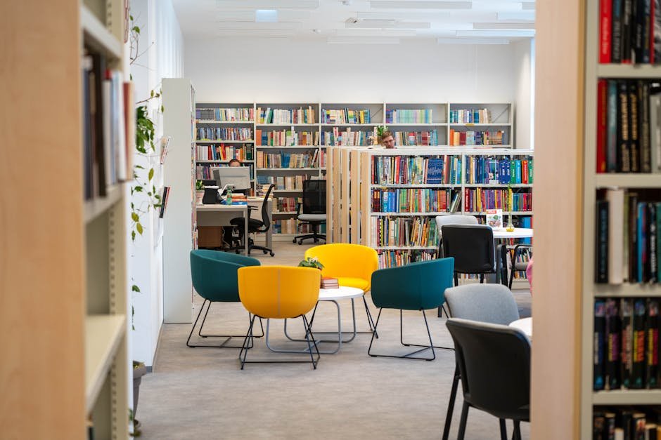 Bright library space featuring bookshelves, colorful chairs, and desks, ideal for studying and reading.