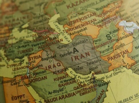 Close-up view of Middle East map highlighting countries and borders. Close-up view of Middle East map highlighting countries and borders.