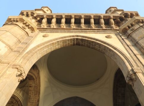 Detailed view of the Gateway of India archway in Mumbai, showcasing its architectural grandeur.
