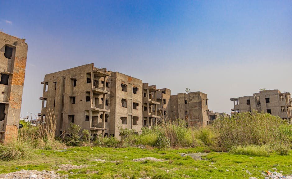 Delhi Simplifies Ownership and Construction Norms in Unauthorised Colonies Dilapidated buildings in Delhi surrounded by greenery under a clear sky.