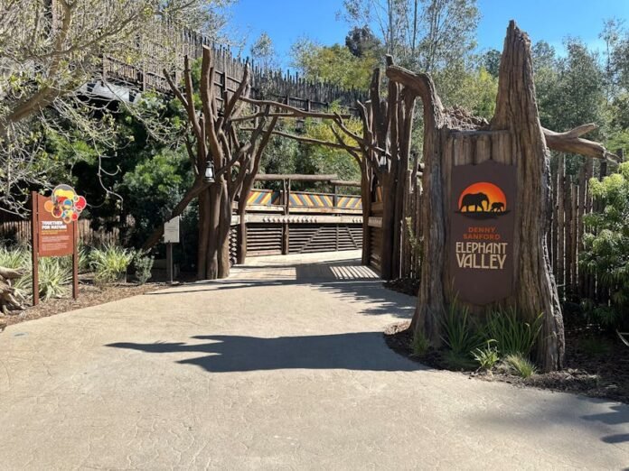 Entrance to Denny Sanford Elephant Valley surrounded by nature at Escondido's Safari Park.