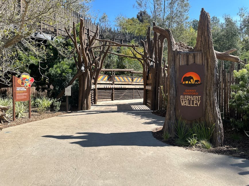 Entrance to Denny Sanford Elephant Valley surrounded by nature at Escondido's Safari Park.