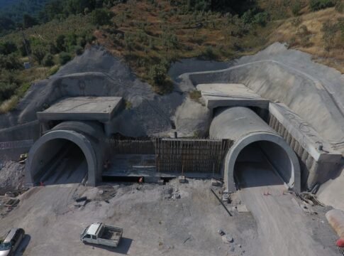 High-angle view of a construction site with two tunnels in Çanakkale, Turkey.
