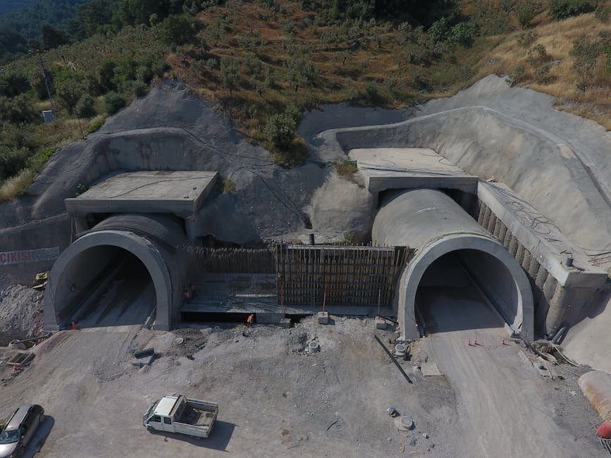 High-angle view of a construction site with two tunnels in Çanakkale, Turkey.