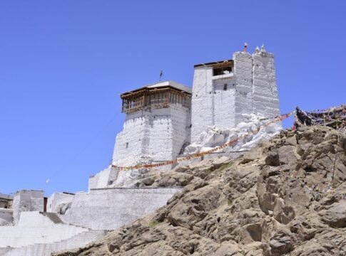Majestic view of the ancient white towers in the rocky landscape of Ladakh.