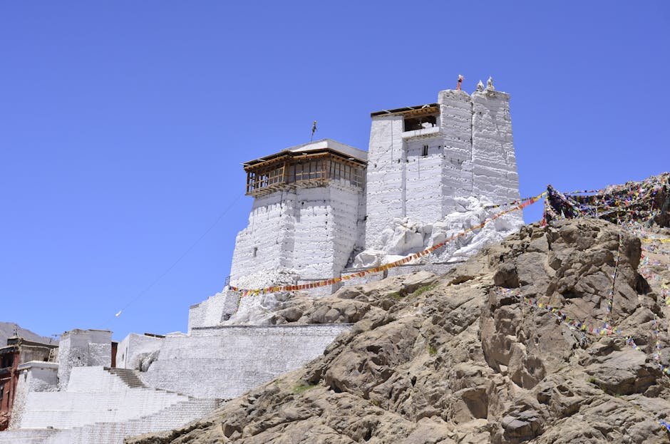 Majestic view of the ancient white towers in the rocky landscape of Ladakh.